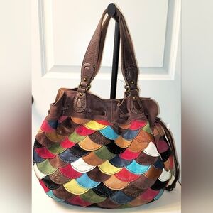 Lucky Brand Vintage Inspired Multicolored Scalloped Leather Hobo Bucket Bag Y2K
